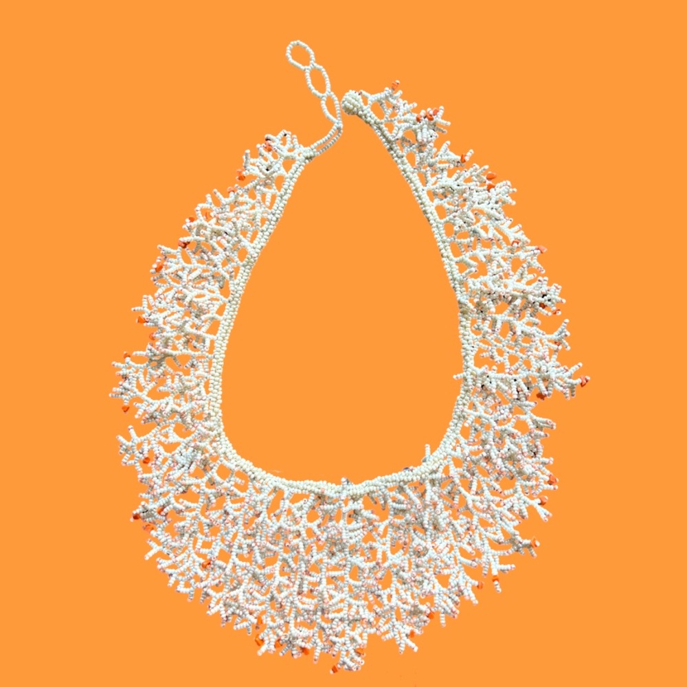 Coral & Cream Beaded Statement necklace Beach Express Vintage